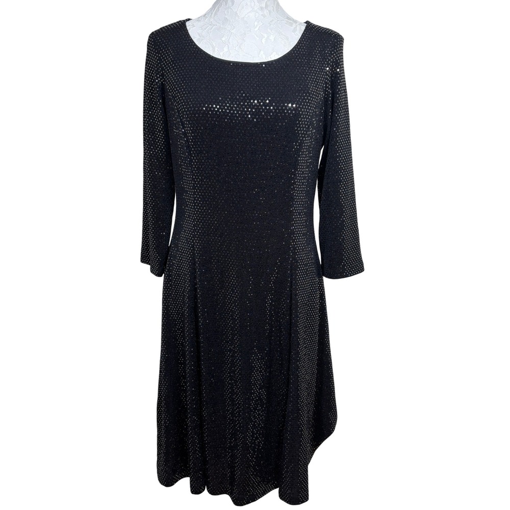Calvin Klein Black Glitter Sequin 3/4 Sleeve Cocktail Midi A Line Dress Women 12